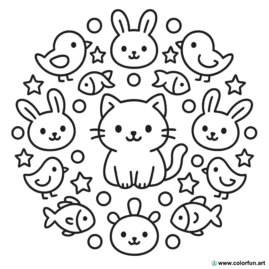 kleurplaat mandala schattige dieren om te delen