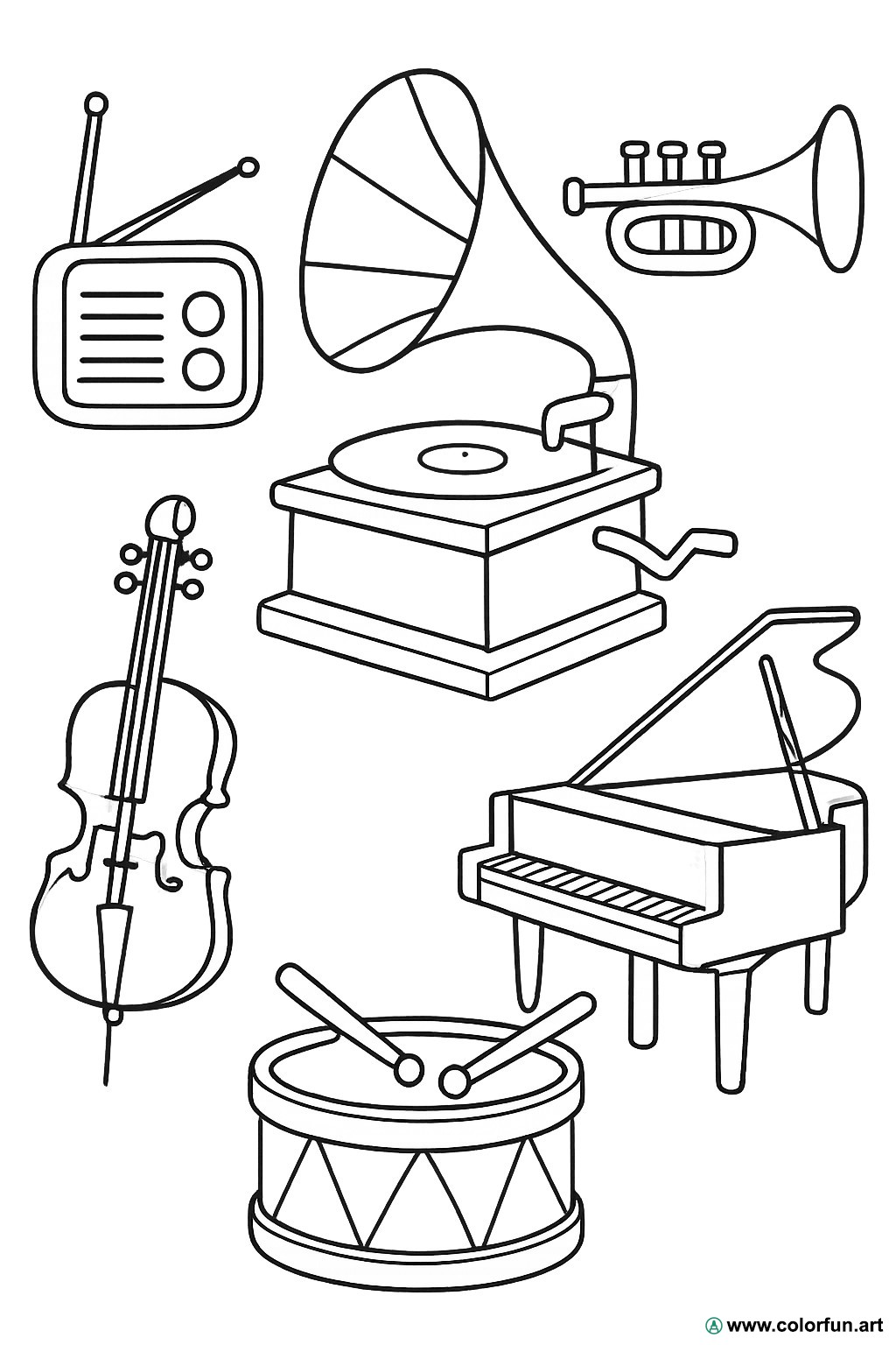 kleurplaat vintage muziekinstrumenten